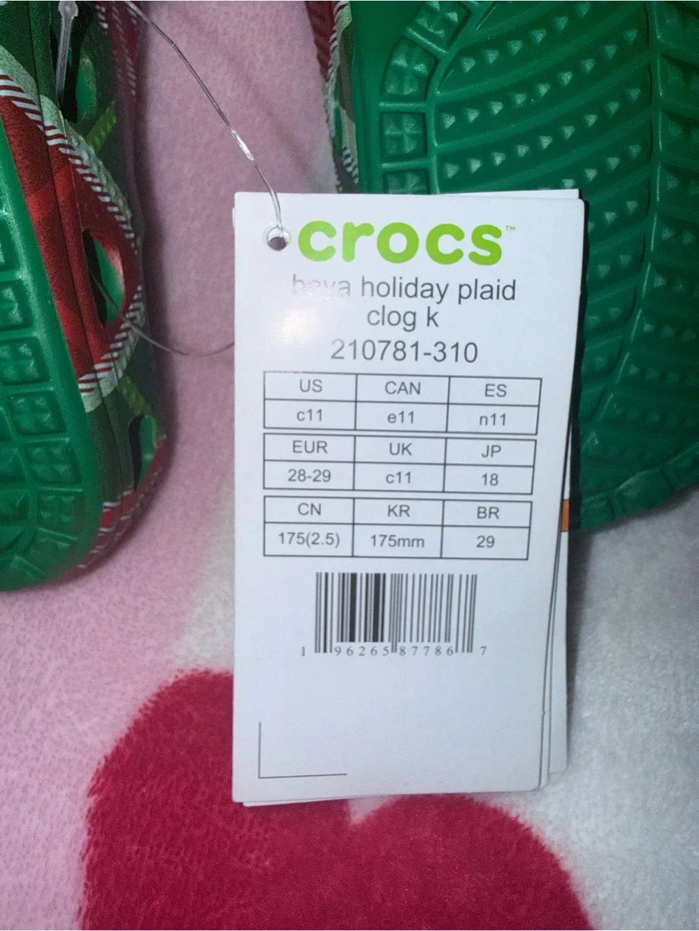 NWT Crocs Kids Classic Plaid Clog in Red & Green, Size 11C